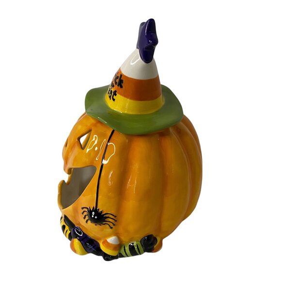 Ceramic Pumpkin Halloween Decor Witch Hat 10" Trick Or Treat Candy Holder Votive - Picture 2 of 6